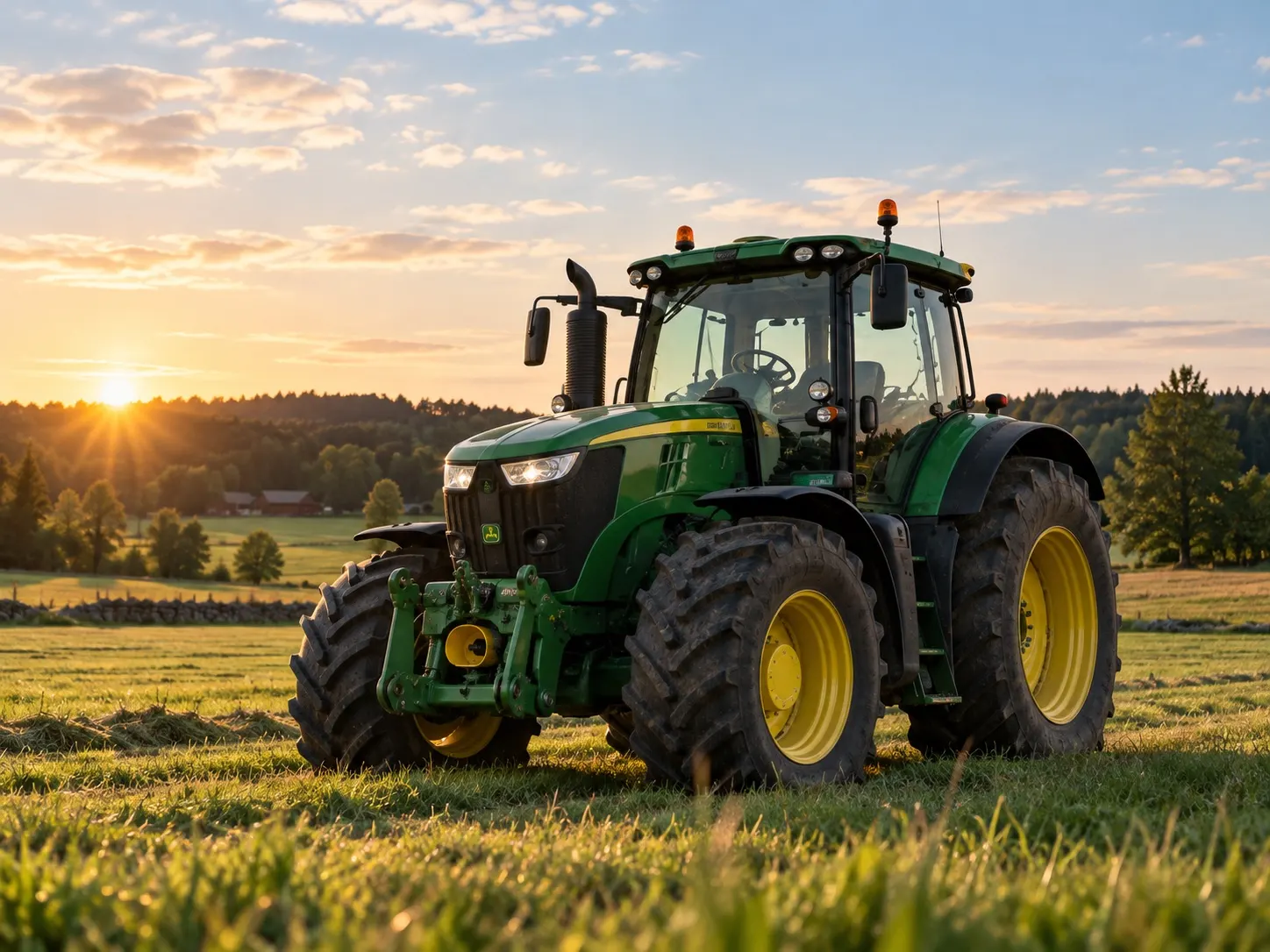 Traktor på åker i solnedgång