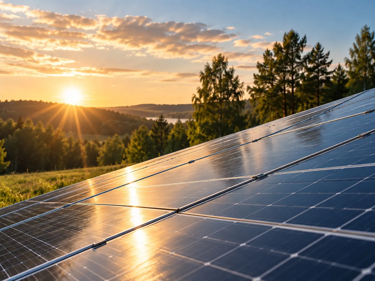 Solceller på tak i solnedgång